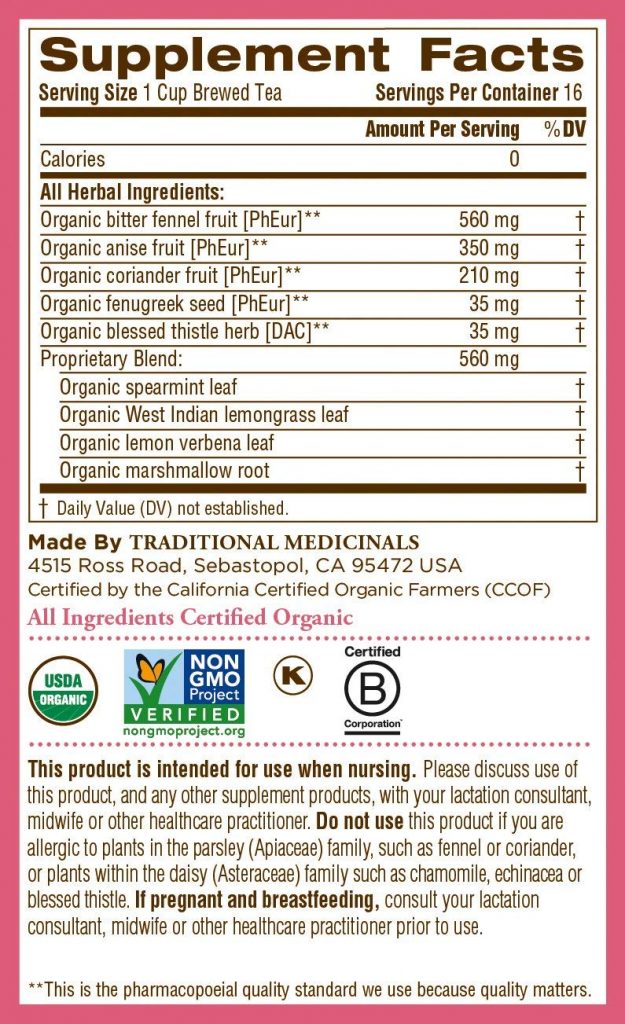 Mother's Milk Tea, Herbal Lactation Tea Ingredients List.