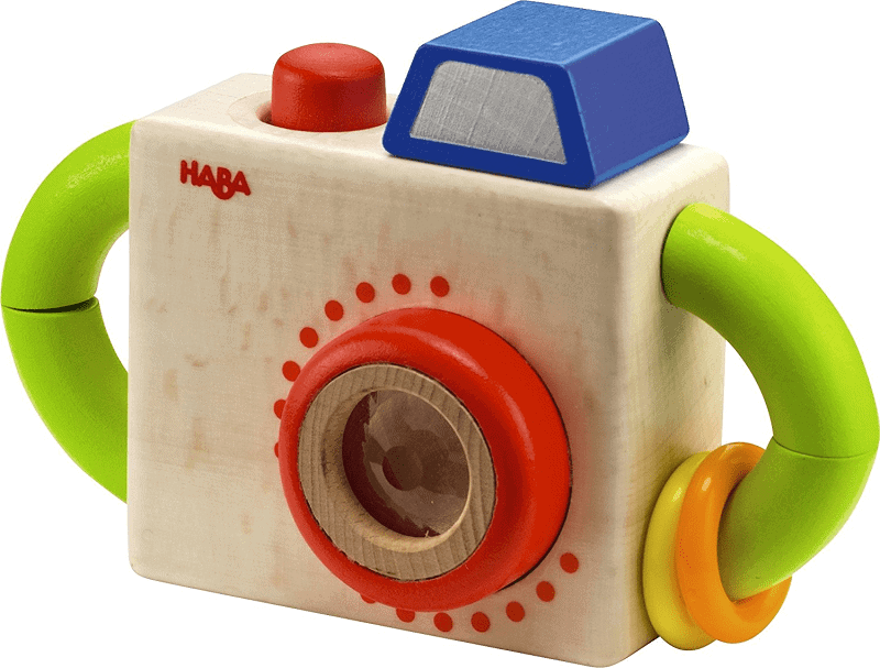 Non toxic wooden baby toy. Cute little camera toy for baby. Baby safe and eco friendly.