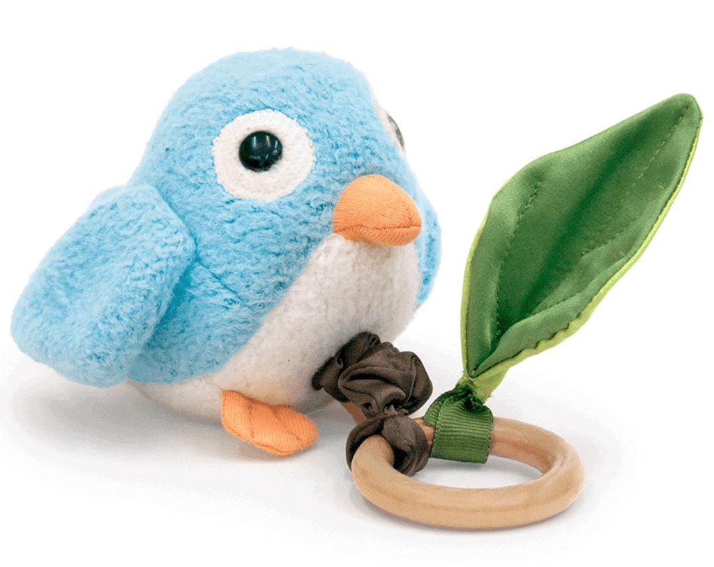 Non toxic baby teether. Cute bird and wooden teething toy as gift for baby.