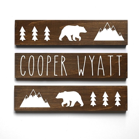 Woodland themed nursery decor. Perfect name display for outdoor themed nursery.