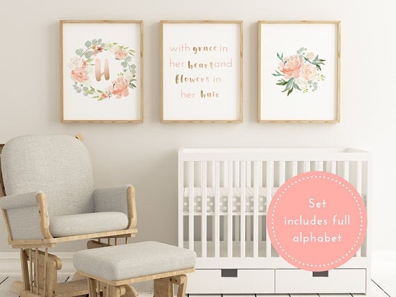 Floral printable baby initials set. Printable art work decor for nursery.