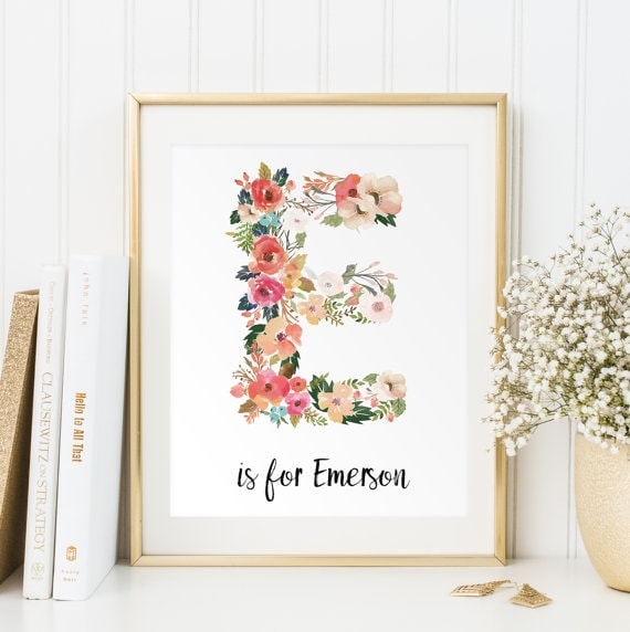 Floral initial printable for baby's nursery.