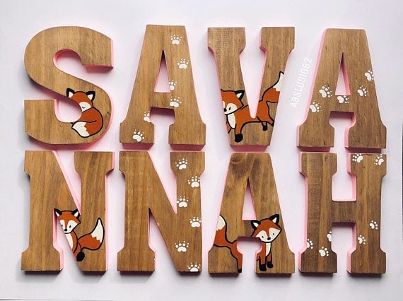 Wooden hand painted fox letters. Perfect personalized nursery decor.