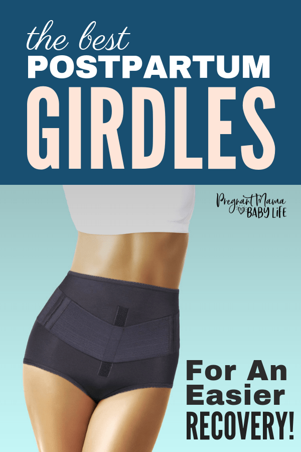 Woman in girdle with text overlay stating the best postpartum girddles for an easier recovery.